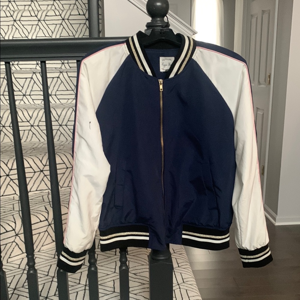 Hippie Rose Blue and White Varsity Jacket with Gold Zipper